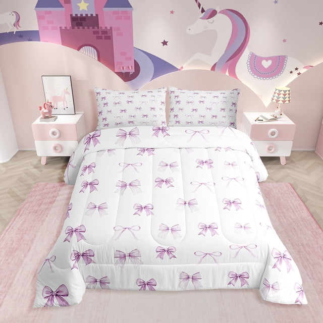 Erosebridal Ensembles de Literie Princesse à Nœud Papillon Double avec Couette, Insert de Couette à Carreaux Nœud, Rose, Réversible 3 Pcs