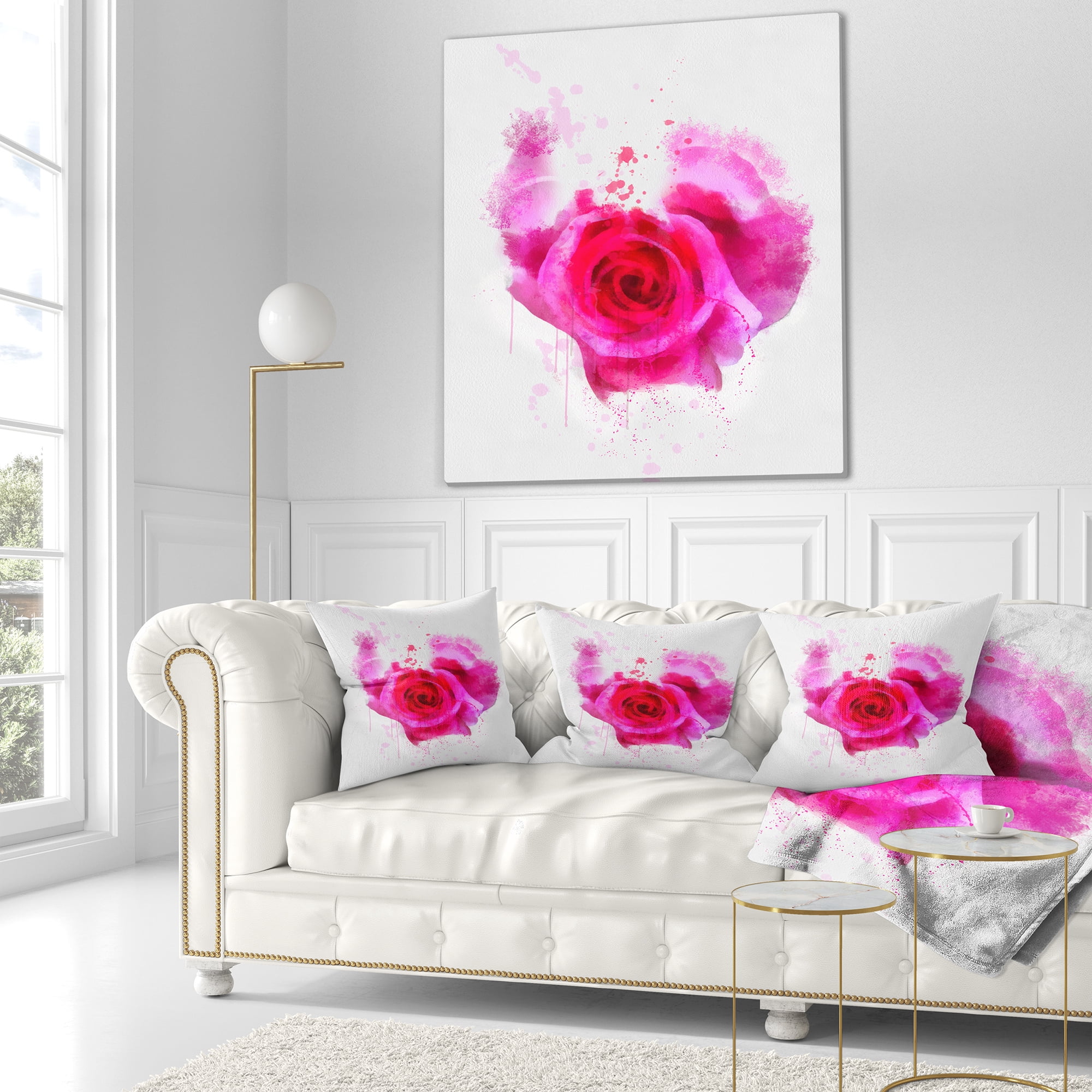 Designart Pink Hand drawn Rose on White - Floral Throw Pillow - 16x16