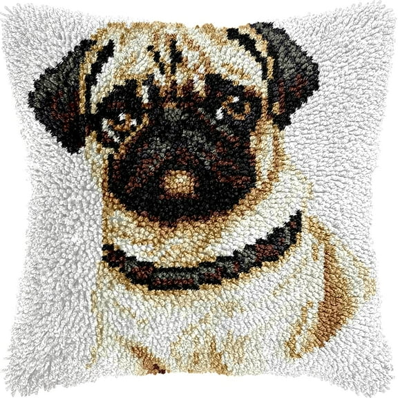 Pug Dog Latch Hook Pillow Kits Color Printed Canvas Cushion Crochet Yarn Needlework Hook Latch Kit DIY Embroidery Pillowcase Rug Cover Home Sofa Christmas Decor 43x43cm(2)