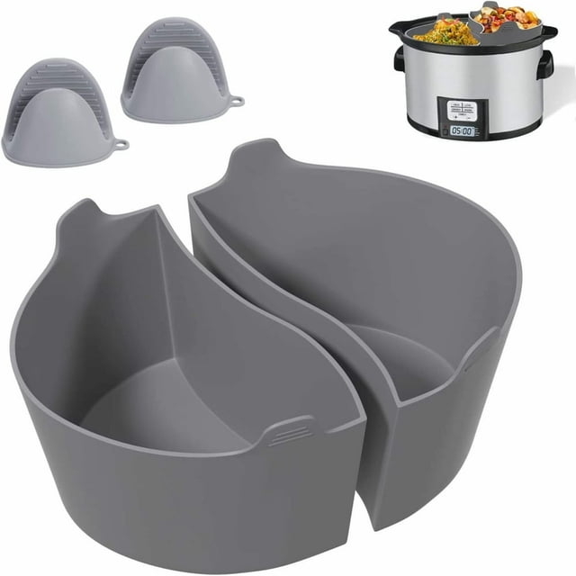 2 in 1 Silicone Slow Cooker Liners Reusable Crock Pot Divider Liners Fit 6-8 Quarts Pot Grey
