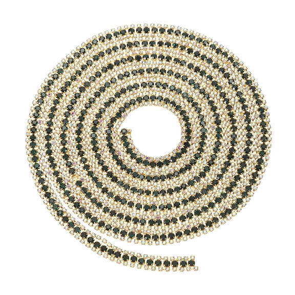 Uxcell 2 Yards 3 Rows Crystal Rhinestone Close Chain Trim, Claw Cup Chain with Gold Base for DIY Craft, AB Color/Green/AB Color