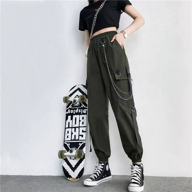 Pantalones negros atractivos de cintura alta para adelgazar para mujer, estilo recto suelto, cadena de moda para otoño