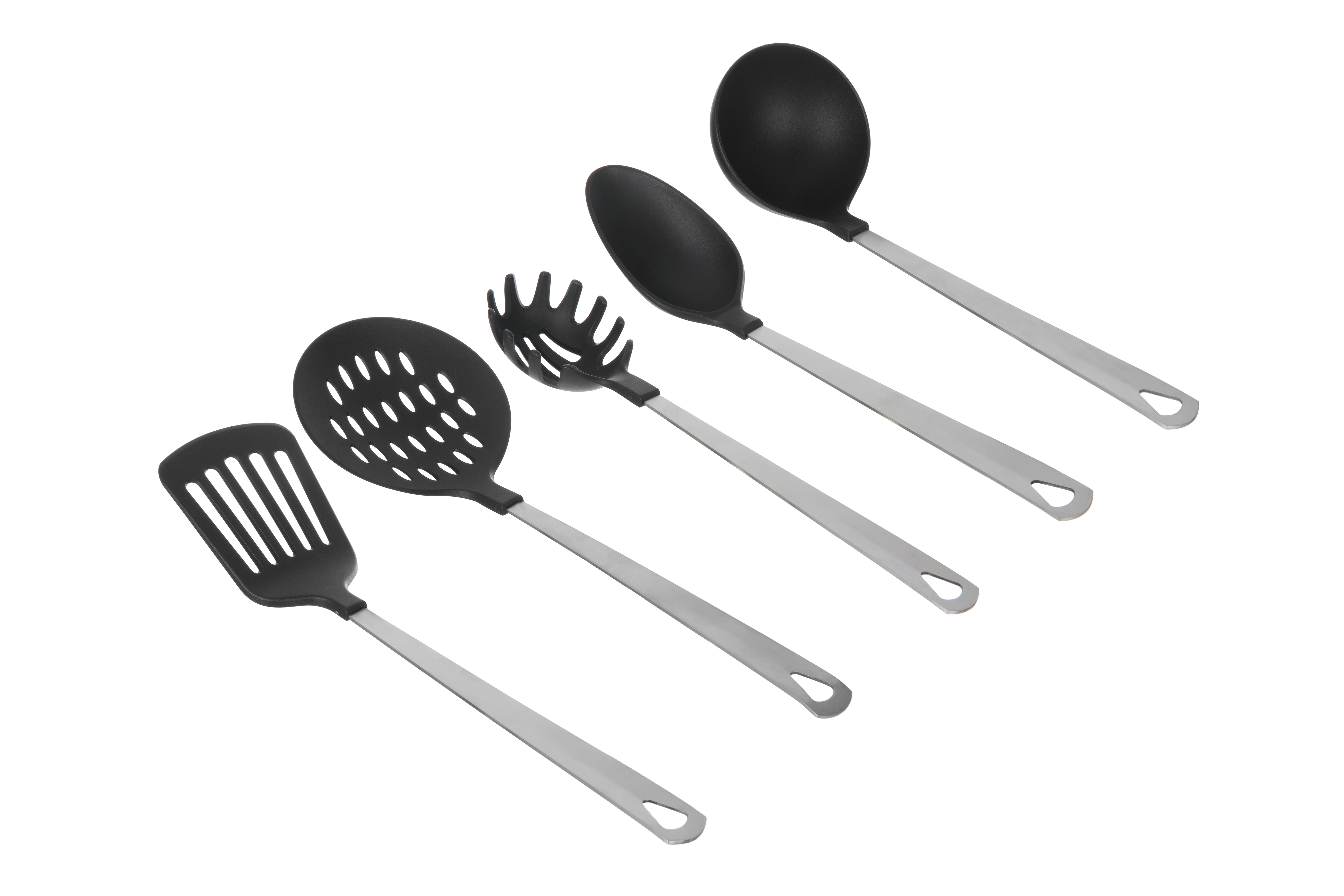 Mainstays Stainless Steel and Nylon Kitchen and Cooking Utensil Set, Spoon, Spatula, Ladle, Pasta Spoon and Skimmer Assorted Colors