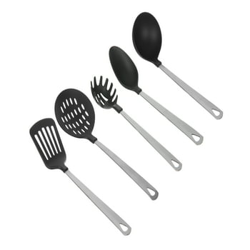 Mainstays Stainless Steel and Nylon Cooking Tool Set, Spoon, Spatula, Ladle, Pasta Spoon and Skimmer