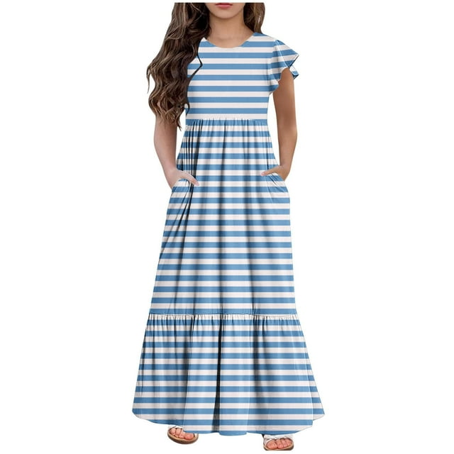 Bwiyojiz Tailles de Mode 130-160 Robe d'Été à Manches Courtes pour Filles, Col Rond Imprimé, Bleu