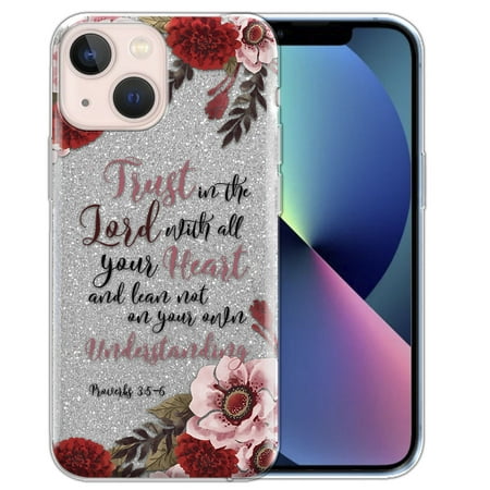 WIRESTER Silver Glitter Case, Sparkle Bling TPU Cover for Apple iPhone 14 6.1" 2022, Christian Quotes Proverbs 3:5-6