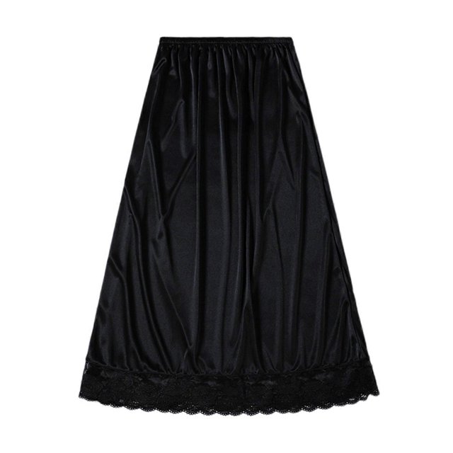 Women Lace Trim Half Slip Long Underskirt Elastic Waist Ice Silk Petticoat Lightweight Safety Half Skirt for Under Dress White
