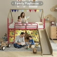 thumbnail image 2 of Bellemave Twin Loft Bed with Slide, Metal Junior House Bed with Curtain Set, Low Loft Beds Frame with Pennant Banner Flag and Star Stickers（Gold+Red）, 2 of 9