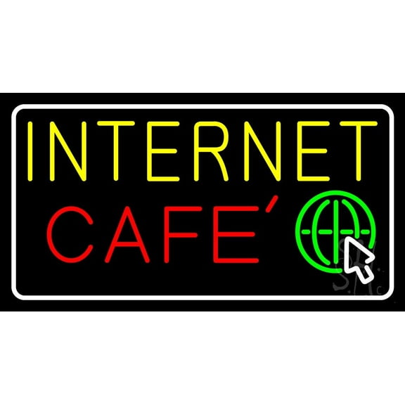 Yellow Internet Cafe LED Neon Sign 20 x 37 - inches, Clear Edge Cut Acrylic Backing, with Dimmer - Bright and Premium built indoor LED Neon Sign for Computer & Electronics store decor.