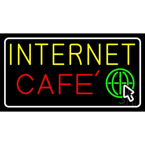 Yellow Internet Cafe LED Neon Sign 13 x 24 - inches, Clear Edge Cut Acrylic Backing, with Dimmer - Bright and Premium built indoor LED Neon Sign for Computer & Electronics store decor.