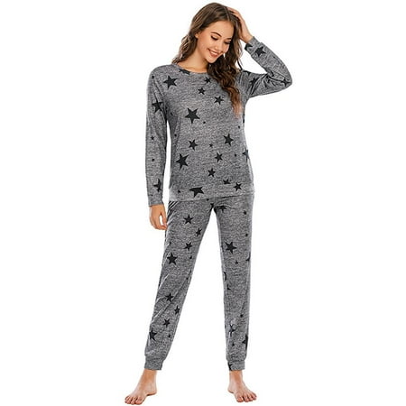 

Women Pajamas Autumn Winter Loungewear Long-sleeve Print Sweatshirt and Ankle-tied Pants 2-Piece Sleepwear Homewear Casual Nighty Suit Can Wear Outside