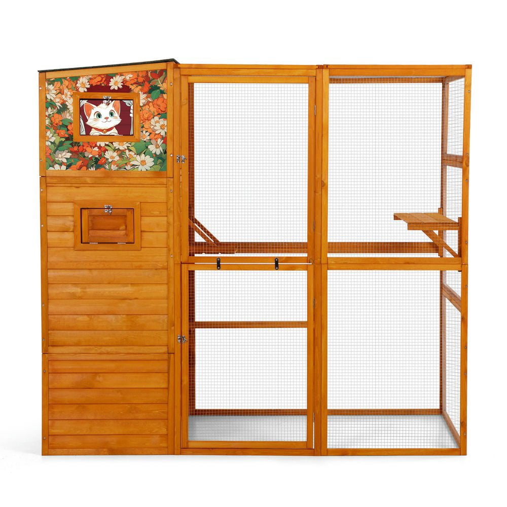 Resenkos Tall 70" Outdoor Cat Catio, 4-Level Windowed Cat Enclosure, Weatherproof Roof, 2 Cozy Rooms, 2 Platforms, Orange With Colorful Patterns