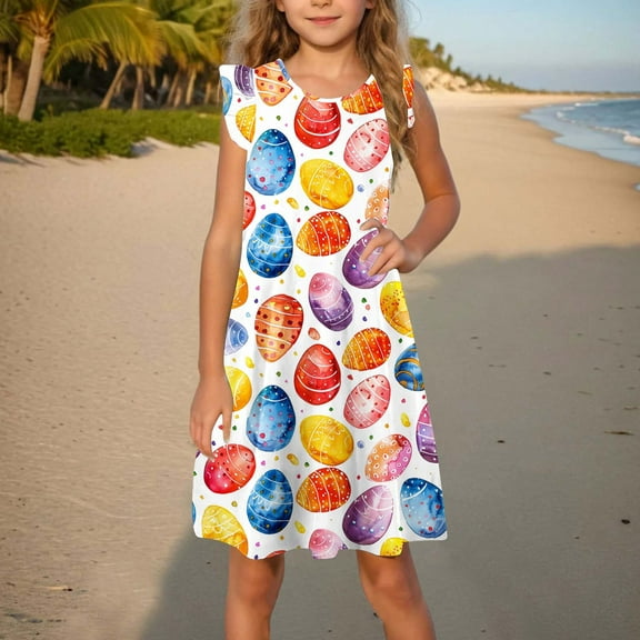 AUNVITO 2025 Easter Children Clothing Toddler Girls Dress Summer Ruffle Sleeve Sundress Outfit for Kids 4-14T