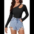 thumbnail image 3 of Camiseta de Mujer con Cuello Asimétrico, Hombros Descubiertos, Larga, Acanalada, Ajustada, para Salir, con un Solo Hombro Negro L, 3 of 10