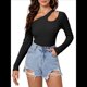 thumbnail image 3 of Camiseta de Mujer con Cuello Asimétrico, Hombros Descubiertos, Larga, Acanalada, Ajustada, para Salir, con un Solo Hombro Negro S, 3 of 10