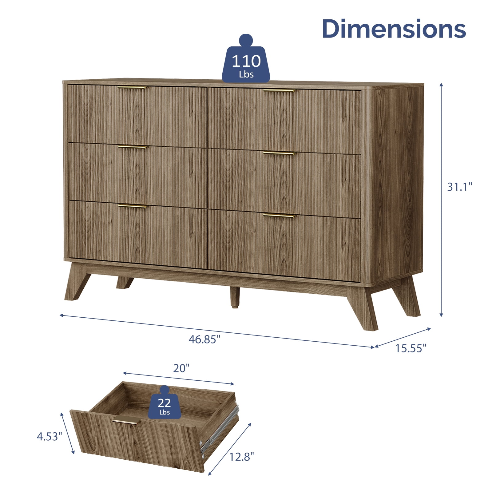 Ktaxon Modern 6 Drawer Dresser Fluted Wood Chest of Drawers with Soft Close Slides Storage Cabinet for Bedroom, Living Room, or Entryway Gray