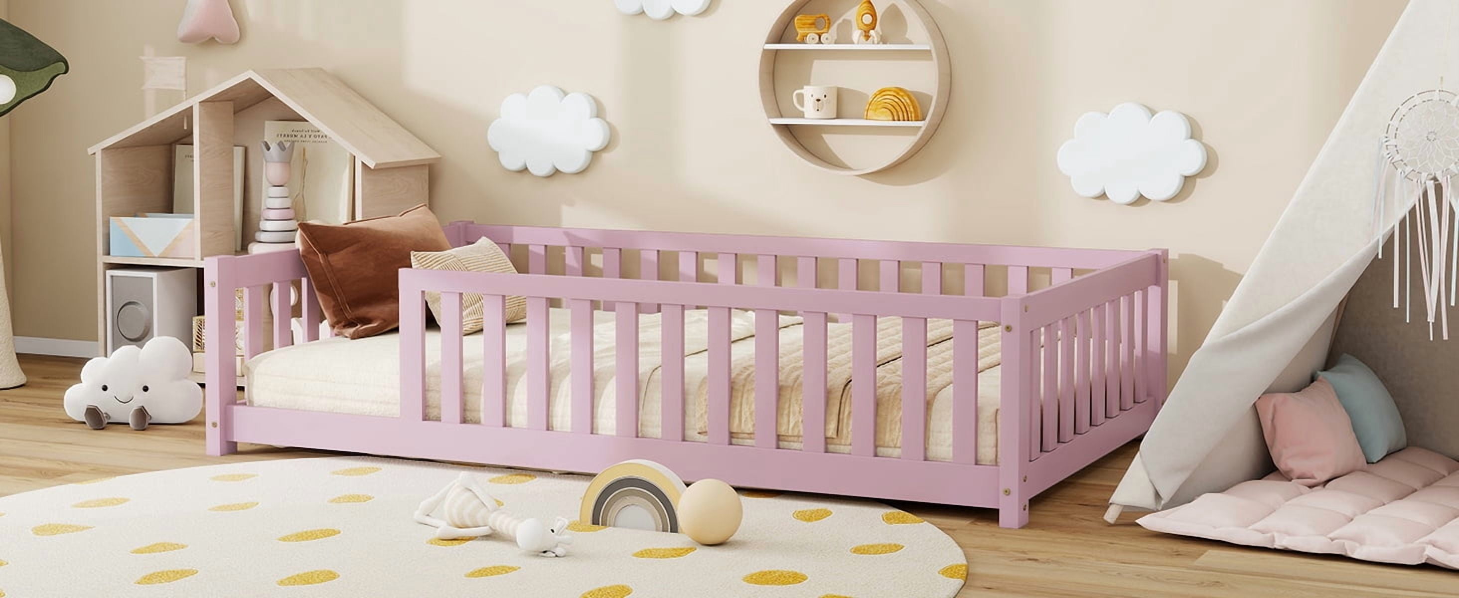 Twin Size Rubber Wood Floor Bed with Full Surround Safety Fence, No-Door Kids Platform Bed with 7 Wood Slats Holds 250LBS Fits ≤6 Inch Mattress