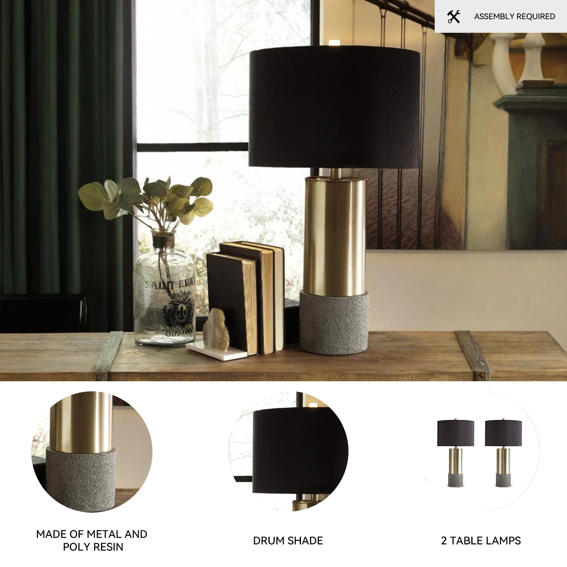 Signature Design by Ashley Contemporary Jacek Table Lamp (Set of 2)  Gray/Brass Finish