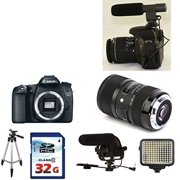 Angle View: Canon EOS 70D DSLR Camera (Body Only) + Sigma 18-35mm f/1.8 DC HSM Art Lens for Canon + Vivitar Shotgun Condenser Microphone + 32GB Commander Memory Card + Tripod + Led Light + Top Value Video Bundle