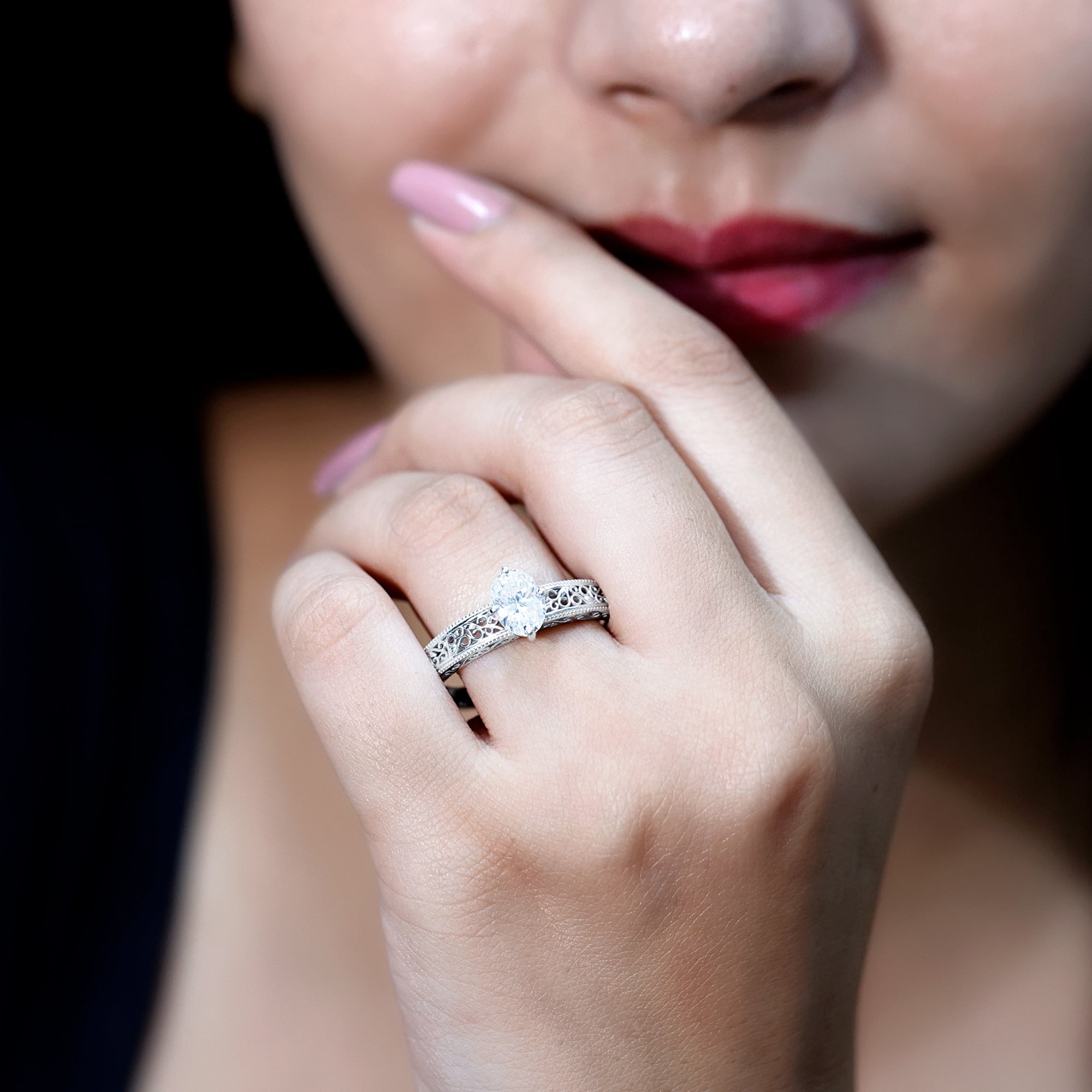 Rosec Jewels Vintage Inspired Lab Diamond Oval Engagement Ring - 1 Carat - Ready To Gift for Women, 14K White Gold, US 6.50