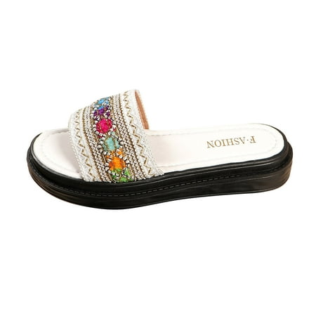 

OJSFQUFP Sandals Womens Ladies Fashion Ethnic Style Woven Print Open Toe Flat Bottom Beach Sandals Soft Sole Outdoor Beach Shoes Slipper Shoes for Women White 38