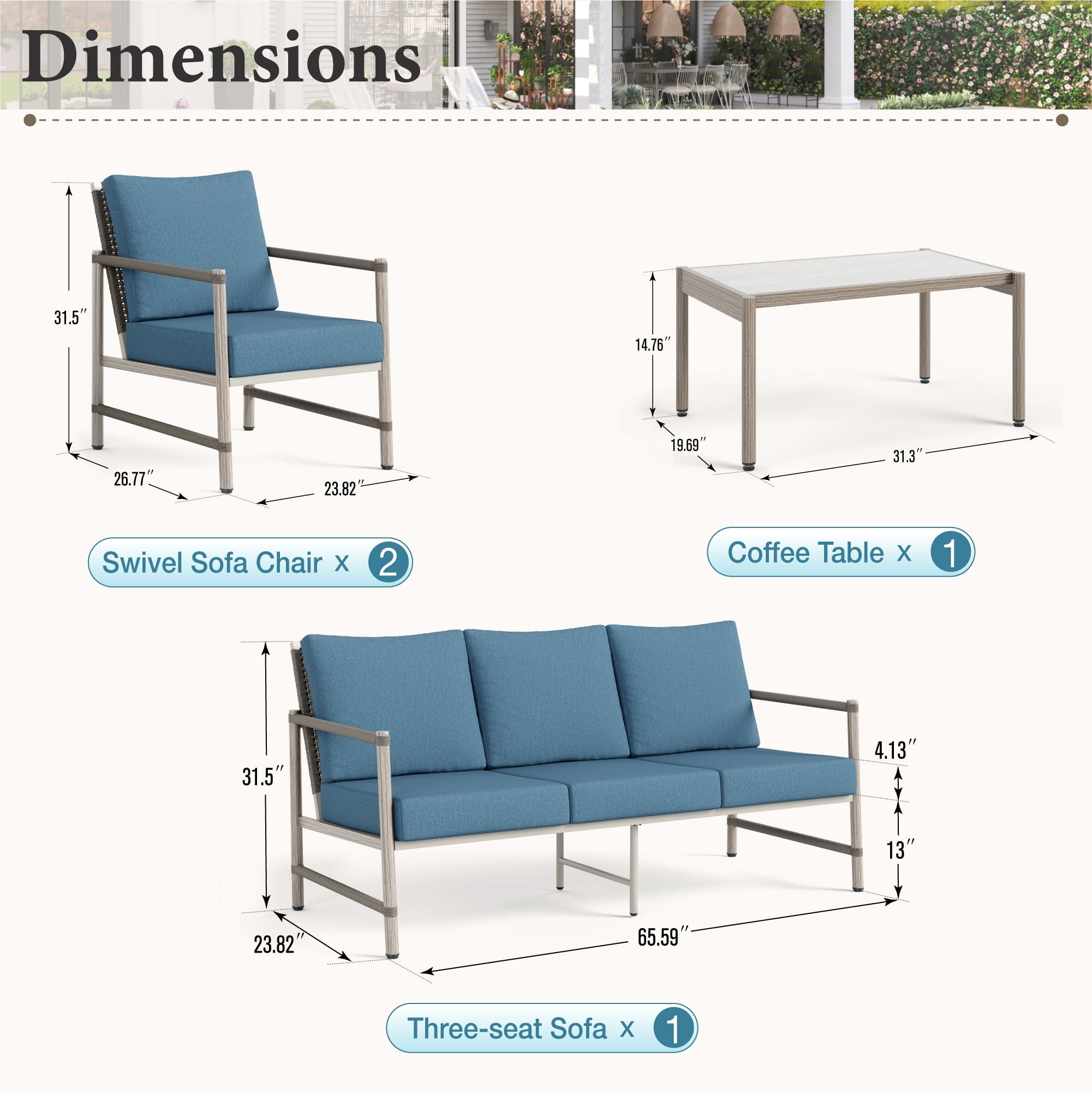 MF Studio 5-Seat Outdoor Patio Furniture Set with Wicker High Back Sofa, Wood-Grain Outdoor Conversation Set  for 5, Blue
