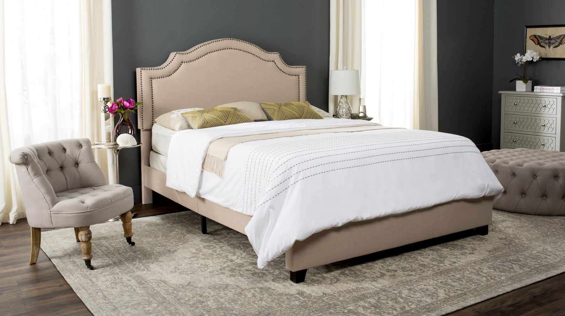 Safavieh Theron Modern Elegant Upholstered Bed Frame With Nail Heads