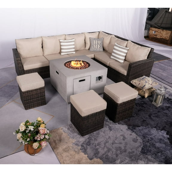 8-Piece Outdoor Furniture Set with Gas Propane Fire Pit Table PE Wicker Brown Rattan Sectional Sofa Patio Conversation Set