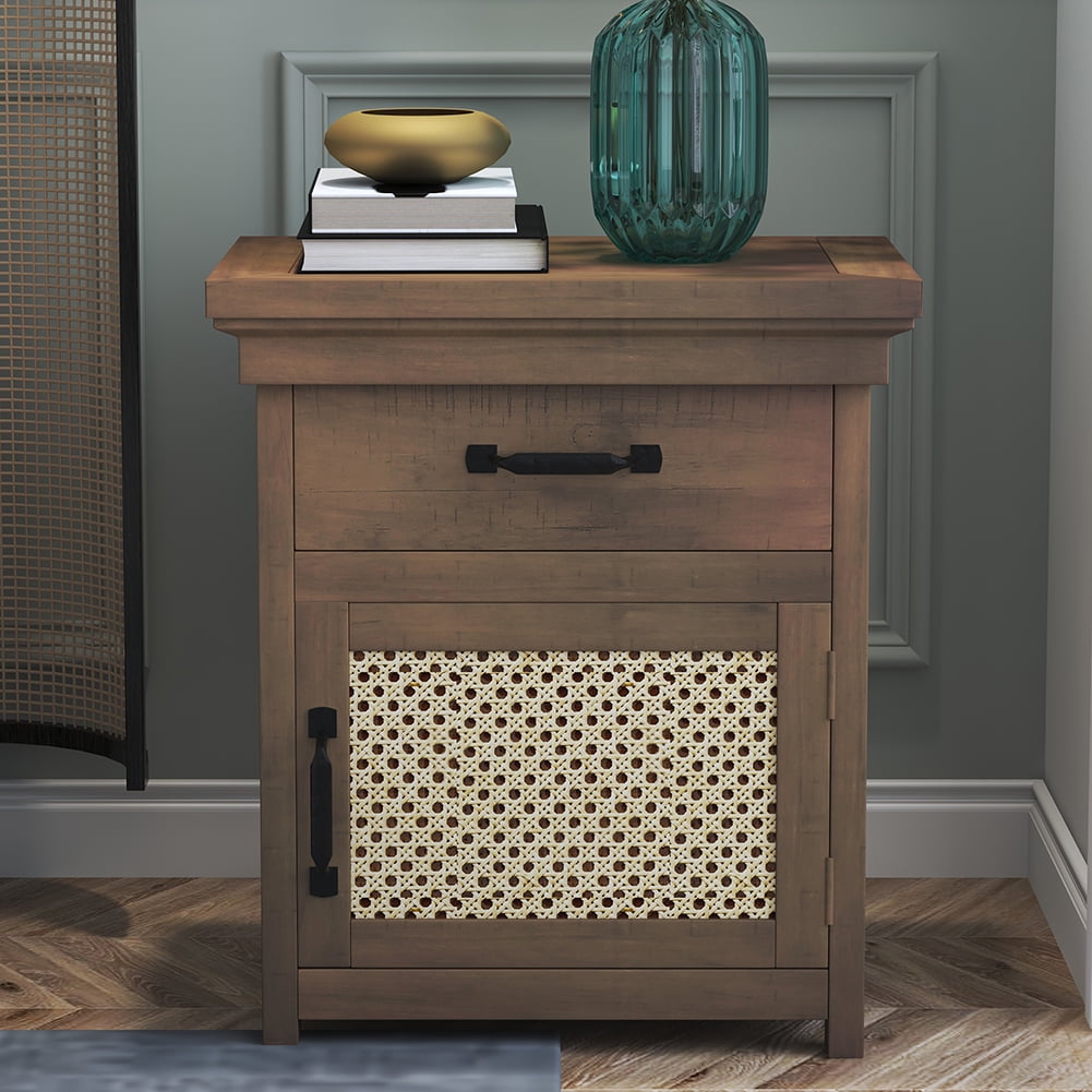 Private Jungle Rustic Nightstand with Drawer and Rattan Design Cabinet,Modern Wooden Bedside Table End Table for Living Room and Bedrooms,Natural Private Jungle Rustic Nightstand with Drawer and Rattan Design Cabinet,Modern Wooden Bedside Table End Table for Living Room and Bedrooms,Natural