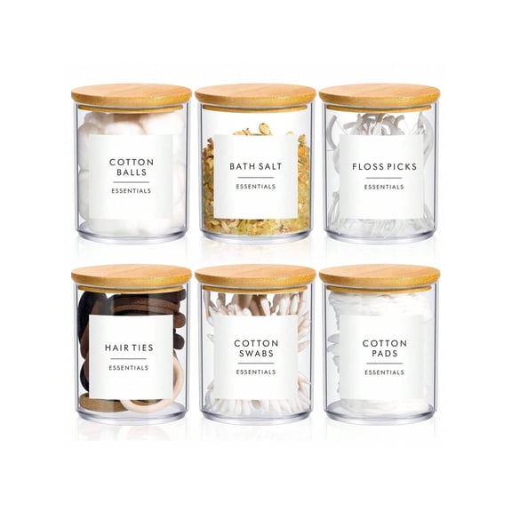 6 Pack Apothecary Jars with Bamboo Lids for Bathroom Storage, 10 oz Clear Plastic Cotton Pad Holder and Cotton Ball Container for Organization
