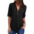 thumbnail image 2 of Women's V Neck Zip Cuffed Sleeve Flowy Business Casual Work Tunic Tops Shirts Blouse, 2 of 5