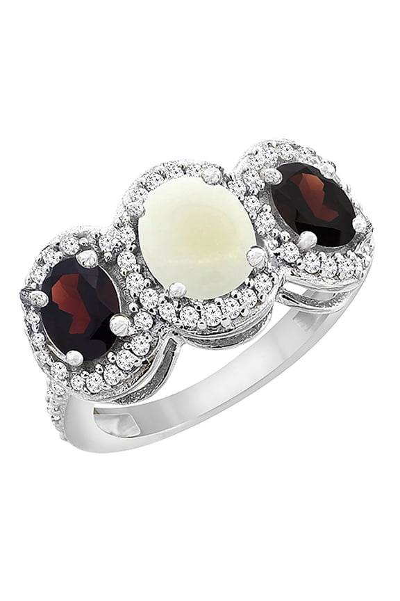 14K White Gold Natural Opal & Garnet 3-Stone Ring Oval Diamond Accent, size 7.5