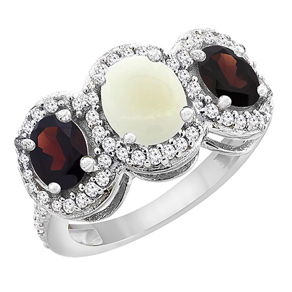 14K White Gold Natural Opal & Garnet 3-Stone Ring Oval Diamond Accent, size 7.5