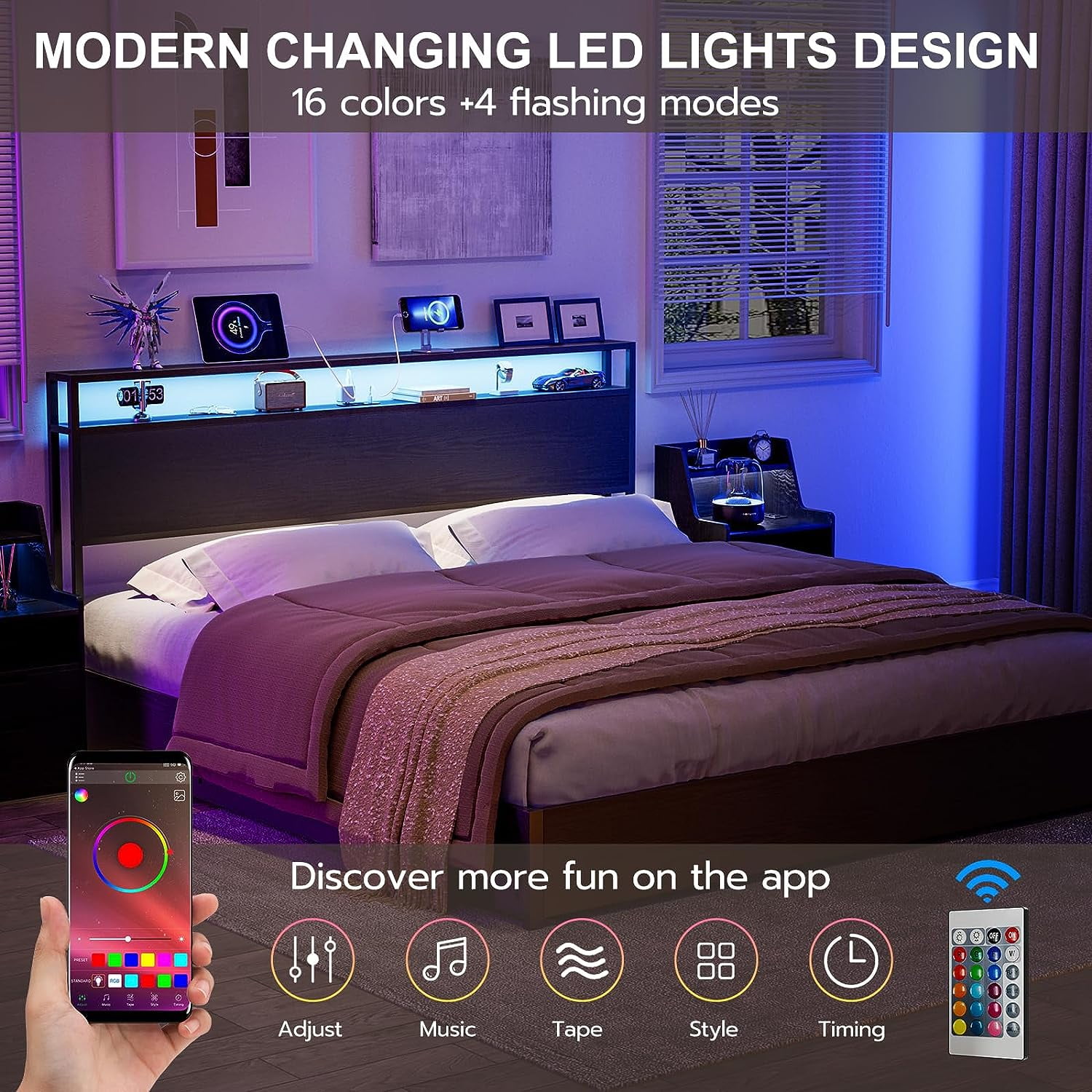ARICOEASY King Size Storage Headboard with LED Lights & Charging Station, Modern King Headboard for Bedroom, Black