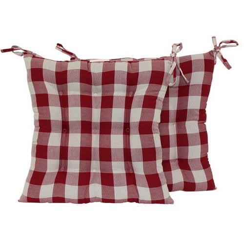 Mainstays Red Plaid Square Chair Pad with Ties, Set of 2
