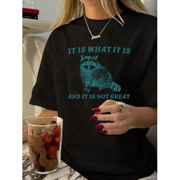 Camiseta básica para mujer verano SuaveWomen's Vintage-Inspired Raccoon Graphic Tee - Casual Round Neck, Short Sleeve, Polyester, Machine Washable, Black with Teal PrintFather's Day, Mother's Day, N
