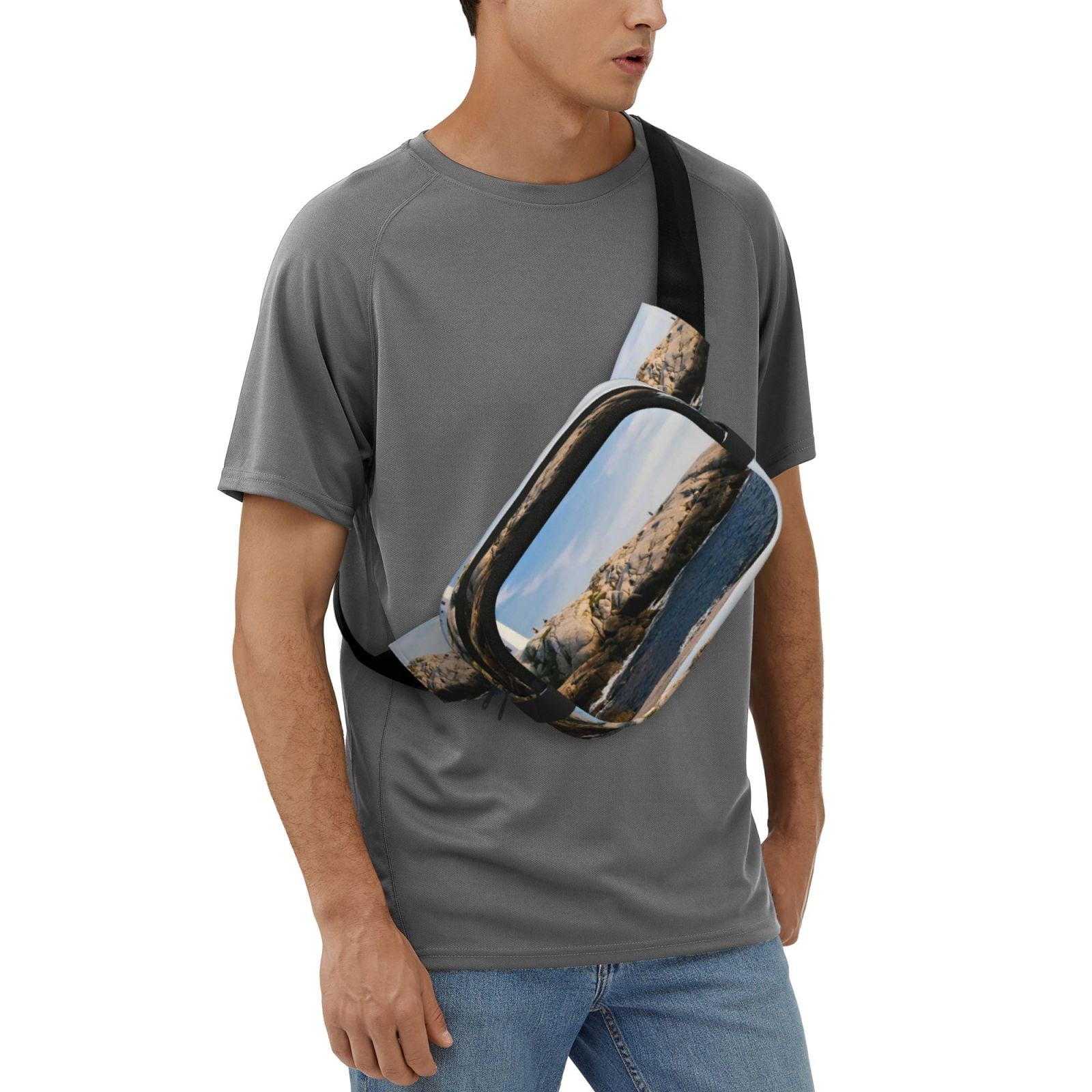 Picia Lighthouse Print Square Double-Layer Waist Bag Mini Adjustable Waist Belt Bag Exercise Running Travel Hiking
