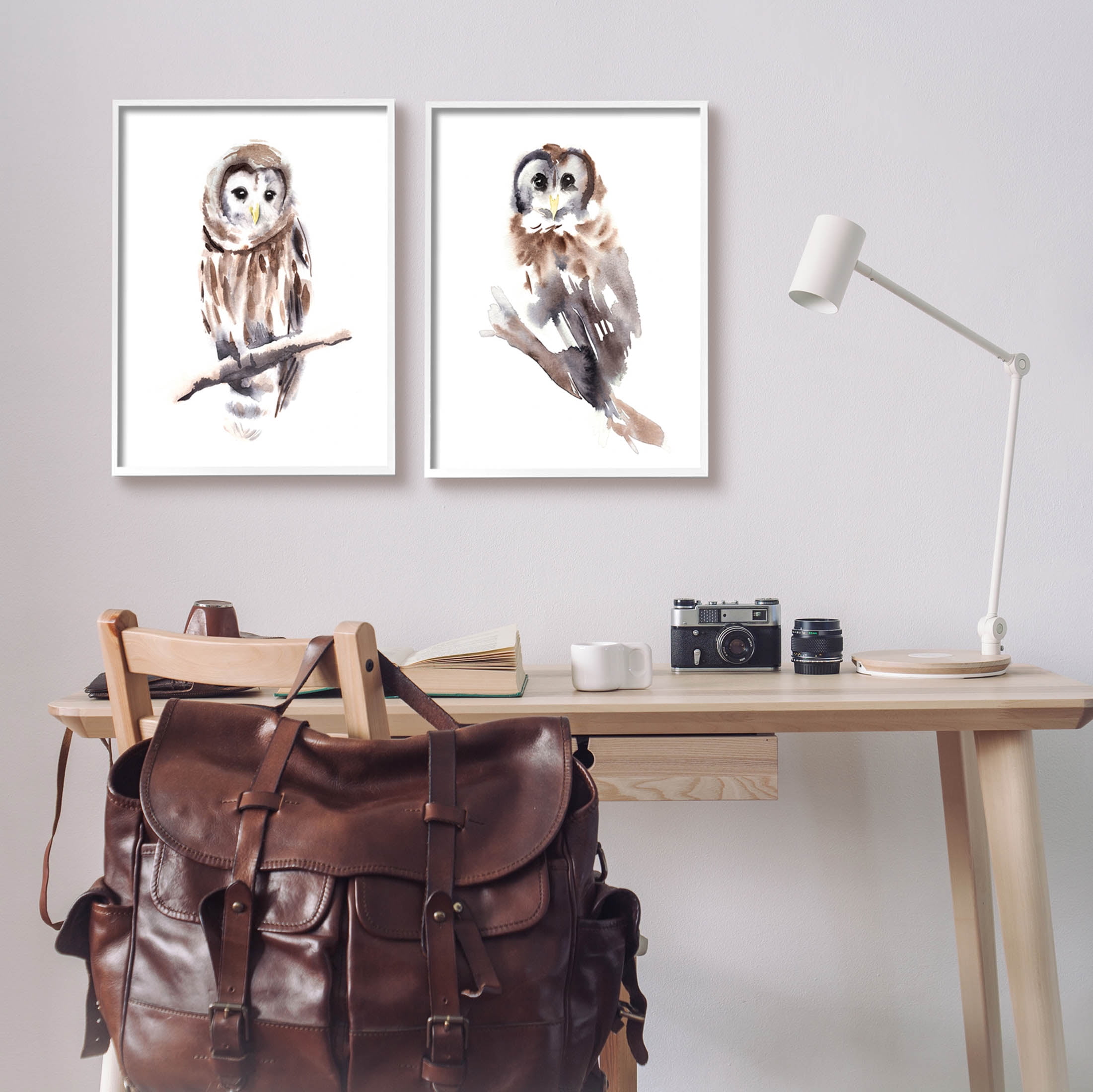 Stupell Industries Perched Owl Wildlife Portrait Painting White Framed Art Print Wall Art, Set of 2, Design by Annie Warren