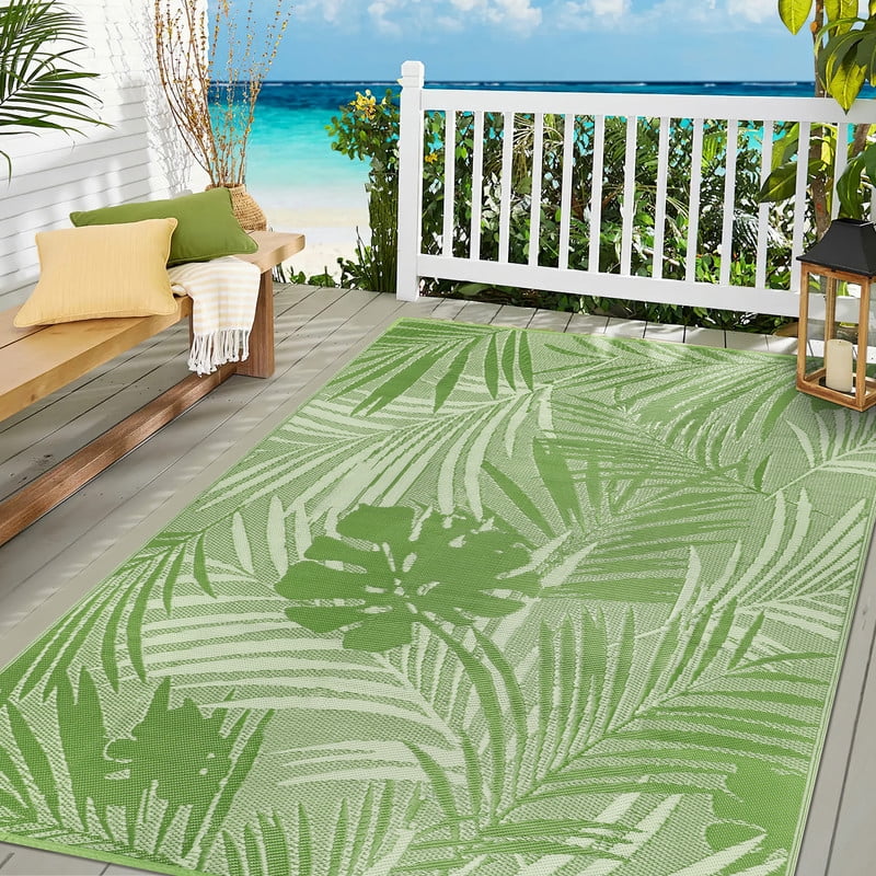 Aonewoe Outdoor Rug 9x12 Waterproof Reversible Plastic Straw Camping Rugs for Outside RV, Indoor Outdoor Area Rugs for Patio,Deck,Porch,Balcony, Light Green & White