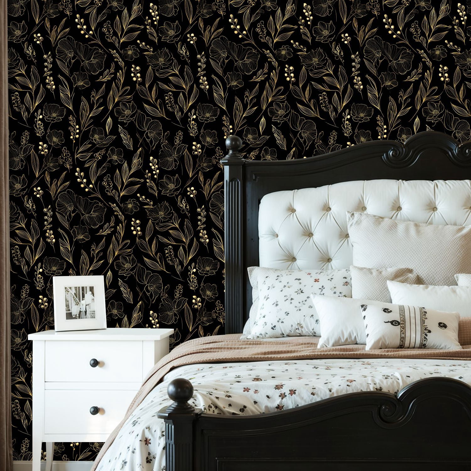 Peel and Stick Wallpaper Baroque Elegant Floral Gold Black Botanical Elements Wall Mural 23.6in x 9.8ft Self Adhesive Removable Wall Paper Renter Friendly Wallpaper for Nursery Bedroom Cabinets
