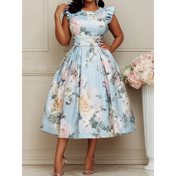 Women's Pastel Pink Peony Satin Midi Dress Ruffle Cap Sleeve High Waist Pleated Swing Wedding Guest Dress