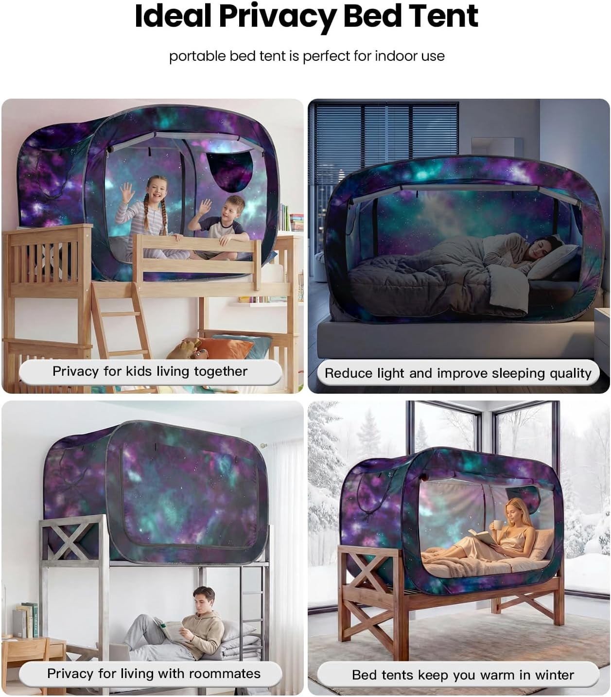 Bed Tent Twin Bed Canopy Portable Dream Tent for Adult Indoor Sleeping Tents with 2 Doors Breathable Private Space Tents, Galaxy