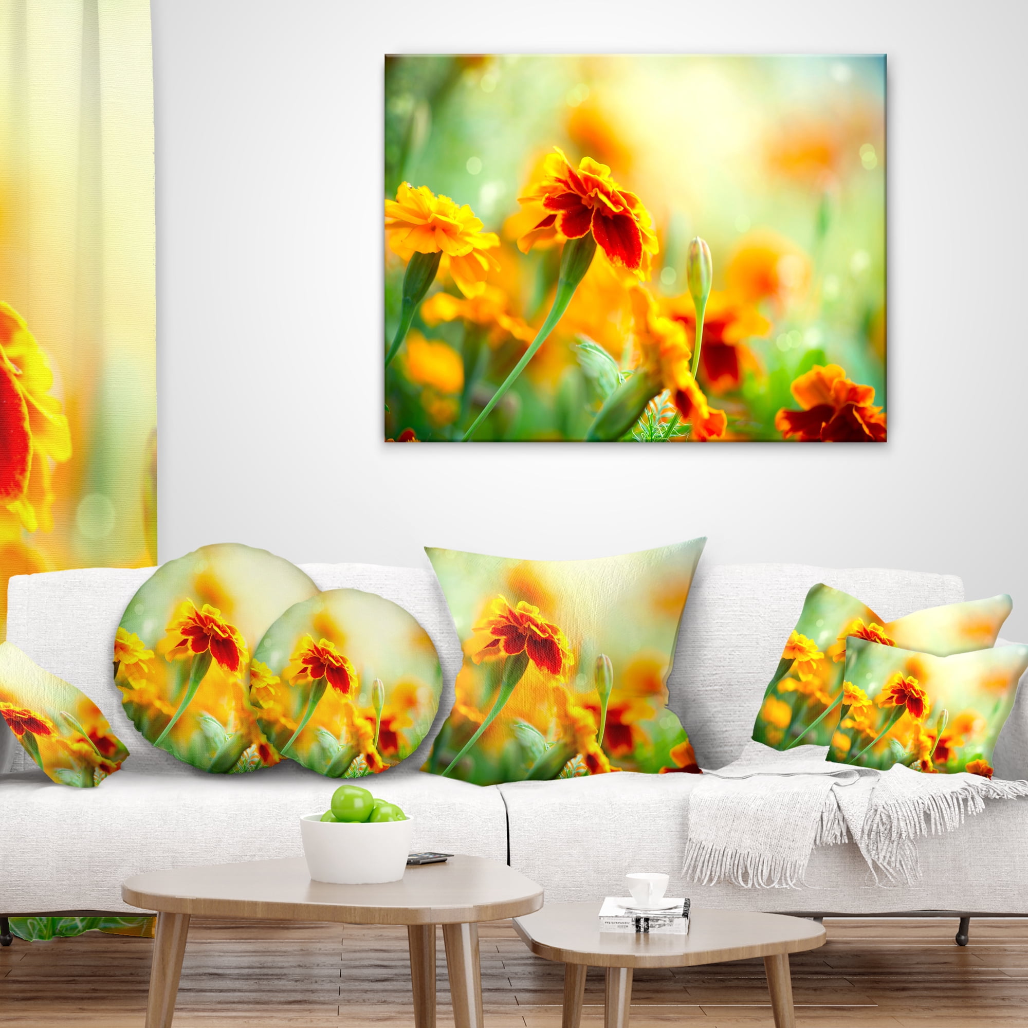 Designart Orange Tagetes Marigold Flowers - Floral Throw Pillow - 18x18
