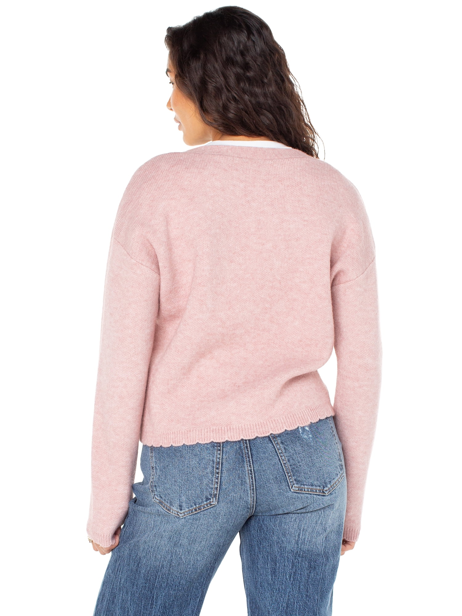 Celebrity Pink Women's Scalloped Hem Jewel Button Cardigan Sweater with Long Sleeves, Sizes XS-XXXL