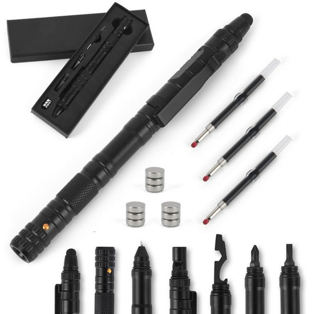 Bolígrafo táctico multifuncional para acampar, equipo para exteriores con linterna LED, bolígrafo de herramientas, lápiz óptico capacitivo: plástico duradero y compatible con controles de seguridad