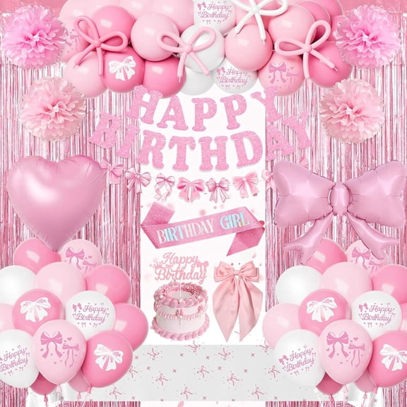 Pink Bow Birthday Decorations, Coquette Party Supplies with Balloons, Fringe Curtain, Sash, Tablecloth, Banner, Women Girls Bday Party Decor