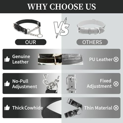 Martingale Collar for Dogs No-Pull Adjustable Training Collar with Stainless Steel Chain - Genuine Leather Anti-Slip Design for Small,Medium,Large Breed Dogs - Black (L)