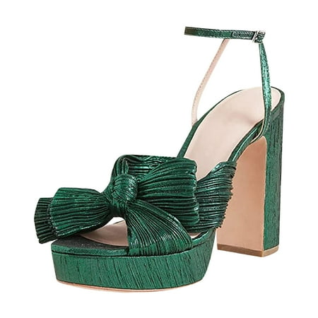 

Foraging dimple Women s Fashion Waterproof Sandals Thick Heel Bow Silk Sandals Retro Buckle Shoes Green