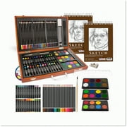 Artistic Masterpiece Deluxe Studio Set - 84-Piece Wood Box Case for Painting, Drawing, Sketching - Includes 2 Sketch Pads, 24 Watercolor Paints, 24 Pastels, 24 Colored Pencils, 2 Brushes - Perfect Sta