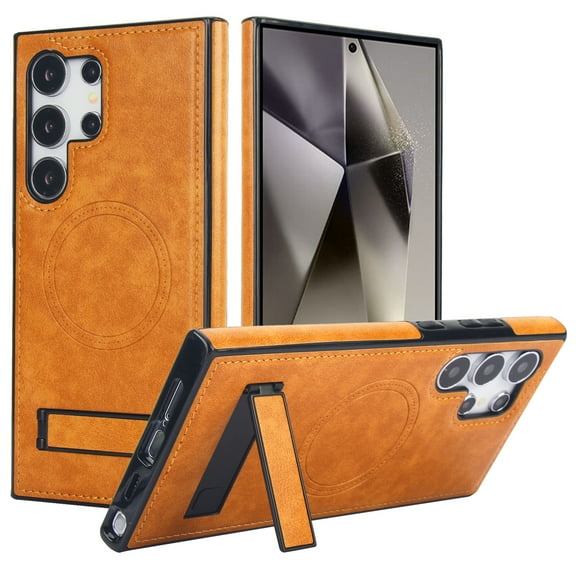 Allytechgroup Case for Samsung Galaxy S25 Ultra, Hidden Kickstand PU Leather [Compatible with MagSafe] [Anti-Drop & Shockproof] Protective Magnetic Case for Women Men, Khaki